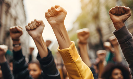 Group of people raised their hands in the air. Close-up.の素材