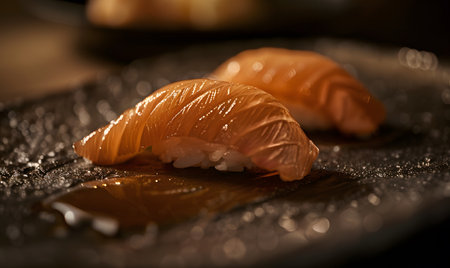 Close up of salmon nigiri sushi served on black plate in restaurantの素材