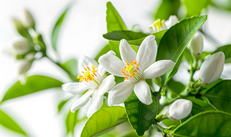 Close up of orange blossom with green leaves on white background.の素材