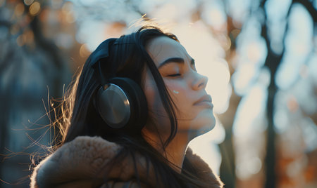 Portrait of beautiful young woman with headphones listening to music in the park.の素材