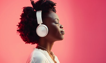 side view of african american woman in headphones looking away isolated on pinkの素材