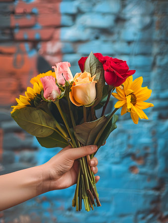 beautiful bouquet of flowers in the hands of a girl on a blue backgroundの素材