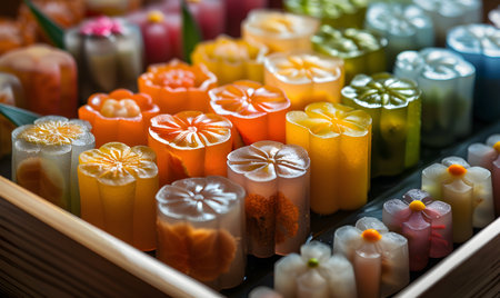 Close up of colorful wax candles in a wooden box. Selective focus.の素材