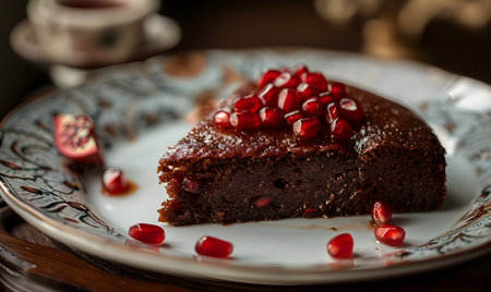 Chocolate cake with pomegranate seeds on a plate.の素材