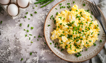 Scrambled eggs with green onions and chives on a plateの素材