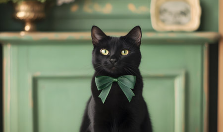 Black cat with green bow tie on a green background in the roomの素材