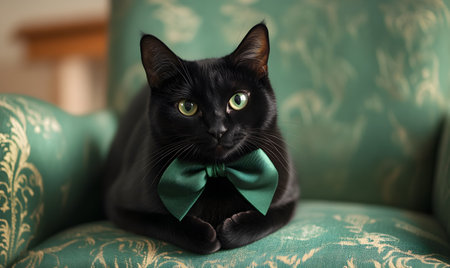 Black cat with green bow tie sitting on green armchair at homeの素材