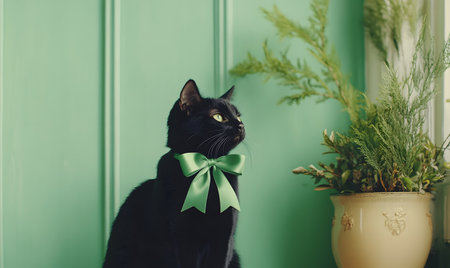 Black cat with a green bow on his head sits on the green wallの素材