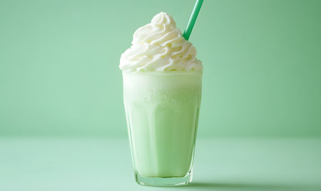Iced green tea milkshake with whipped cream on green backgroundの素材