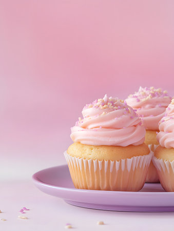 Cupcakes with pink frosting and sprinkles on pink backgroundの素材