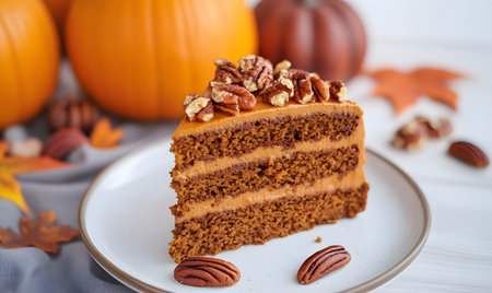 Piece of pumpkin cake with pecans and nuts on a white plateの素材