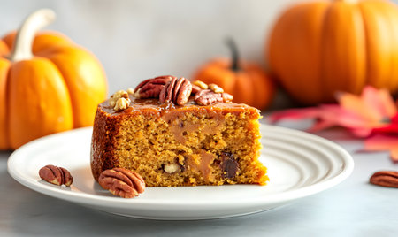 Pumpkin cake with pecans and nuts on a white plateの素材