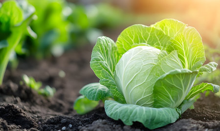 Fresh green chinese cabbage growing in organic vegetable garden. Agriculture conceptの素材