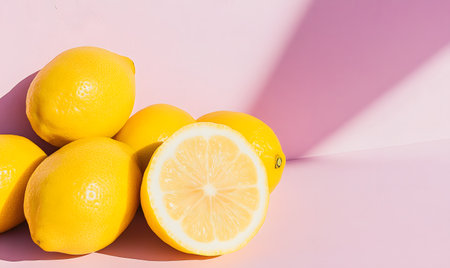 Lemons on a pink background with a shadow from the sunの素材