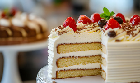 Strawberry cake with cream and chocolate topping on white plate.の素材