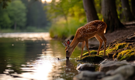 Young whitetail deer drinking water from a pond in the forestの素材