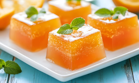 Fruit jelly with orange and mint on a blue wooden background.の素材