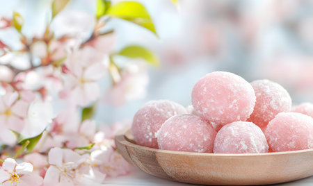 Japanese confectionery, glutinous rice balls with sakura blossom backgroundの素材