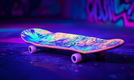 Skateboard on a dark background in neon light. Close-up.の素材