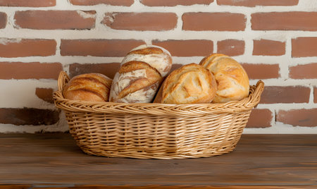 Basket of bread on a wooden table with a brick wall backgroundの素材