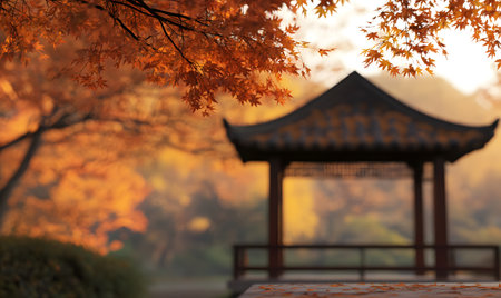 Wooden pavilion in the autumn park with blurred bokeh backgroundの素材