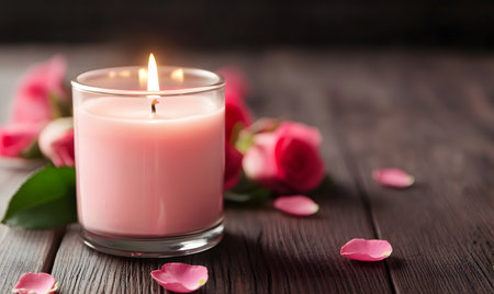 Candle with rose petals on wooden background, valentine's dayの素材