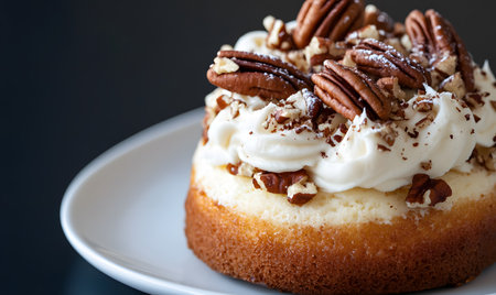 Pecan cake with whipped cream and pecan nuts on topの素材
