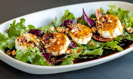 salad with goat cheese and walnut in white plate - Healthy food styleの素材
