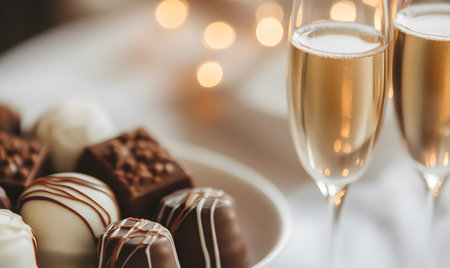 Glasses of champagne and chocolate candies on table, closeupの素材