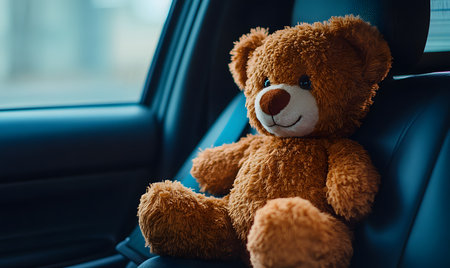 Teddy bear sitting in the back seat of a car. Selective focus.の素材