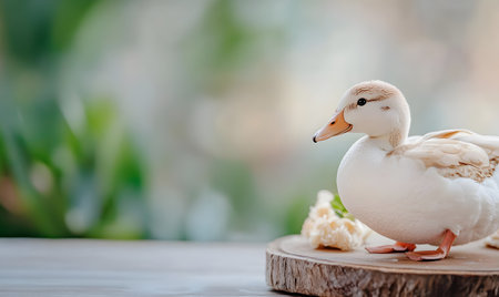 White duck with cheese on a wooden table in the garden. Selective focus.の素材