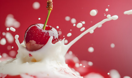 cherry splashing in milk on a red background close-upの素材