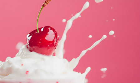 Milk splash with cherry on a pink background. Shallow dof.の素材
