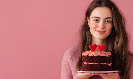 Portrait of a beautiful young woman holding a cake with two hearts on a pink backgroundの素材
