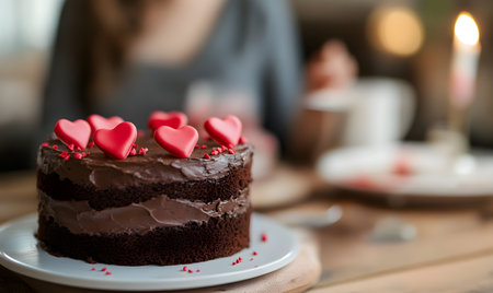 Chocolate cake with red hearts on a wooden table in a cafeの素材