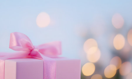 Gift box with pink ribbon on bokeh lights background.の素材