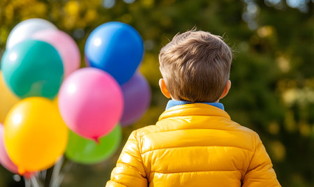 Back view of a little boy in yellow jacket with colorful balloons in the parkの素材