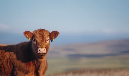 Young brown cow looking at the camera in a field with mountains in the backgroundの素材