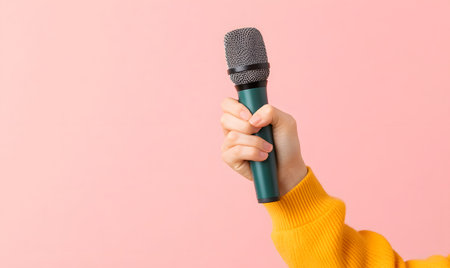 Female hand holding a microphone on a pink background. The concept of voice singing.の素材