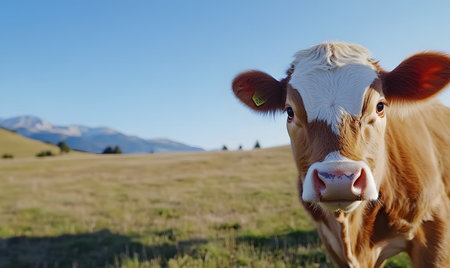 Cow in the meadow with mountains in the background. Selective focus.の素材