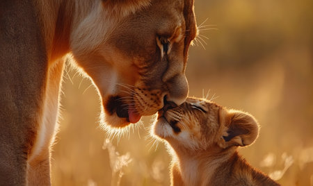 Lioness kisses lion cub in the Okavango Delta, Botswana.の素材