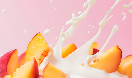 Milk splash with peach slices on pink background, close-upの素材