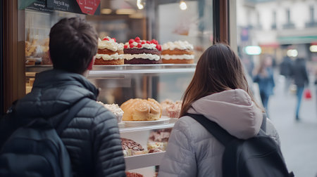 Young couple in Paris, France, looking at pastry shop window.の素材