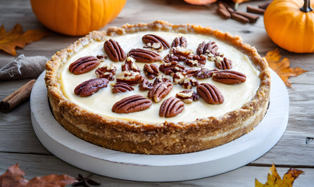 Homemade pumpkin pie with pecans and cinnamon on wooden tableの素材