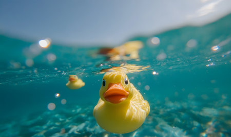 Yellow rubber duck swimming in the sea. Selective focus on the duckの素材