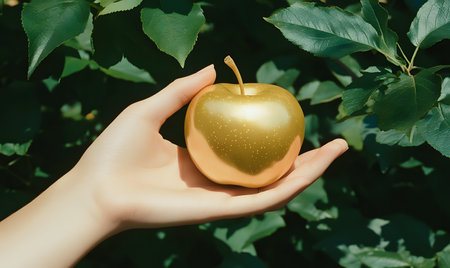 Female hand holding a golden apple on a background of green leaves.の素材