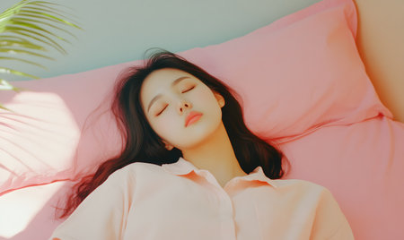 Portrait of beautiful asian woman lying on pink pillow on bed in bedroomの素材