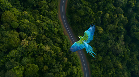 Aerial view of a blue parrot flying over a road.の素材