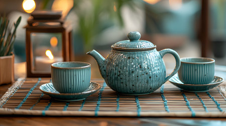Ceramic teapot and cup of tea on wooden tableの素材