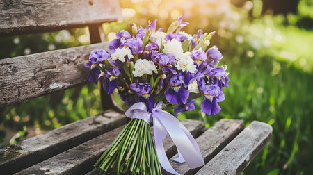 Bridal bouquet of irises on a bench in the parkの素材